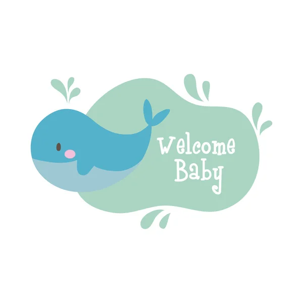 Baby-Duschrahmen-Karte mit Wal und Willkommen Baby-Schriftzug Hand zeichnen Stil — Stockvektor