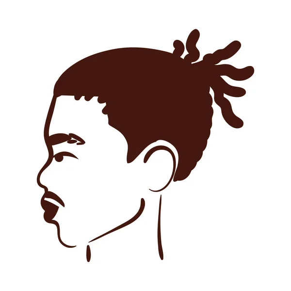 ラスタヘアスタイルと口ひげシルエットスタイルのアイコンと若いアフロの男の民族をプロフィール — ストックベクタ