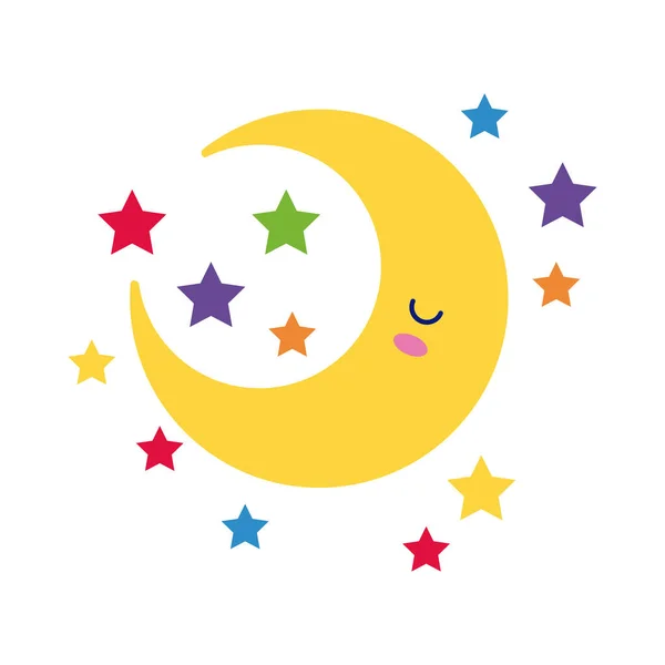 Lua crescente feliz com estrelas kawaii caráter de estilo plano —  Vetores de Stock