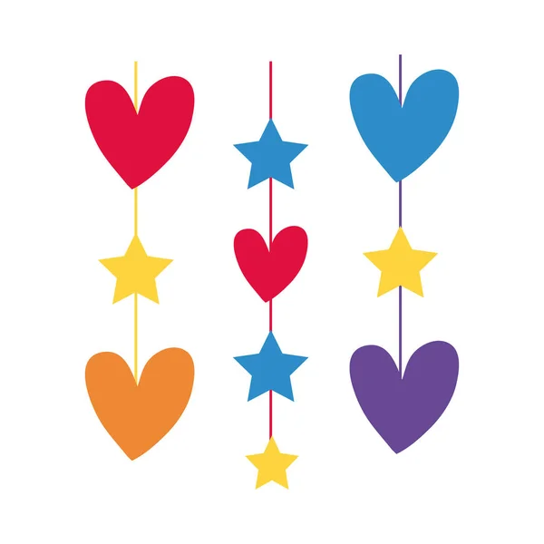 Hearts love and stars hanging flat style icons — Stock Vector
