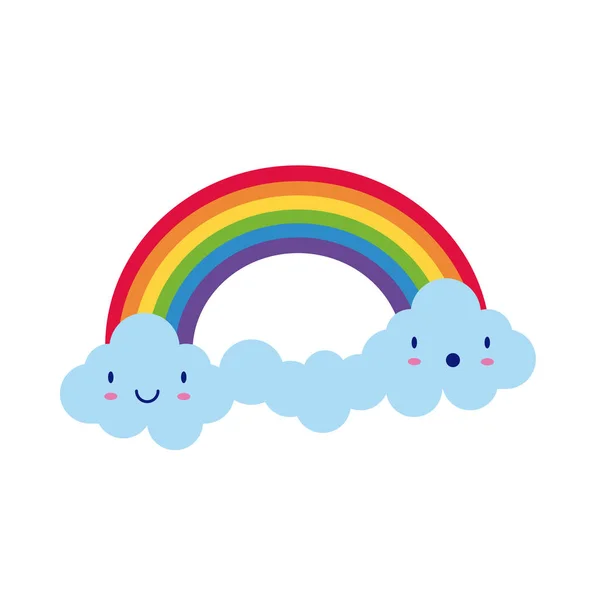 Niedlichen Regenbogen mit Wolken kawaii Zeichen Wetter flachen Stil-Symbol — Stockvektor