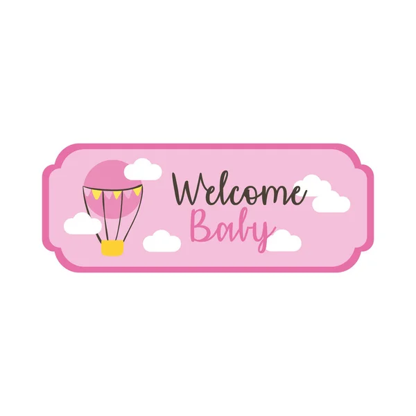 Carte de cadre de douche bébé avec ballon air chaud et bienvenue bébé lettrage main dessin style — Image vectorielle