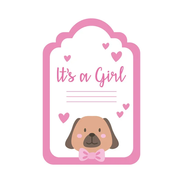 Baby shower frame card with little dog and its a girl lettering hand draw style — Stock Vector