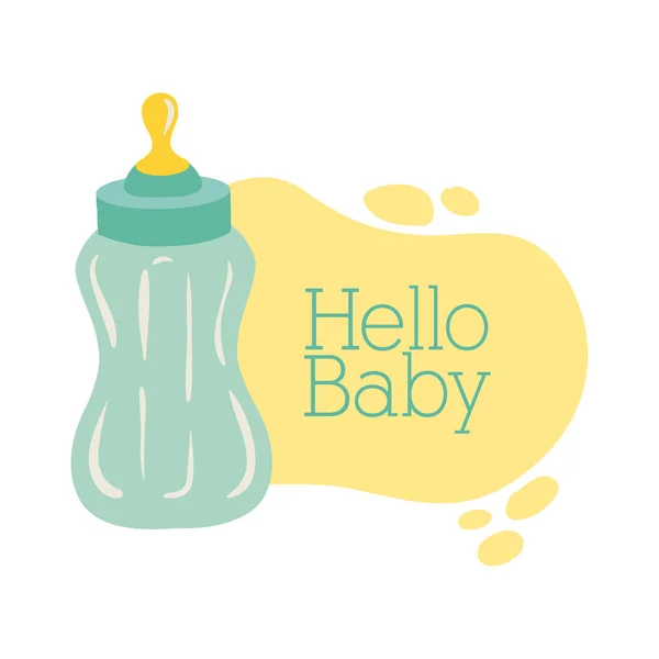 Baby douche frame kaart met melk fles en hallo baby belettering hand tekenen stijl — Stockvector