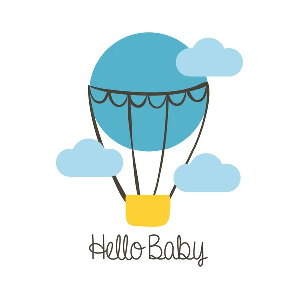 Tarjeta del marco de la ducha del bebé con el aire caliente del globo y hola estilo del dibujo de la mano del bebé — Vector de stock