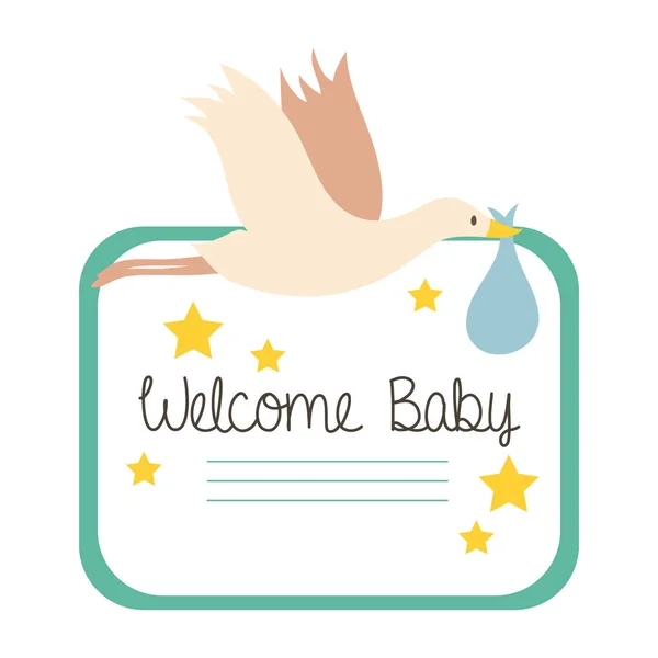 Carte de cadre de douche de bébé avec cigogne et lettrage de bienvenue bébé style dessin à la main — Image vectorielle