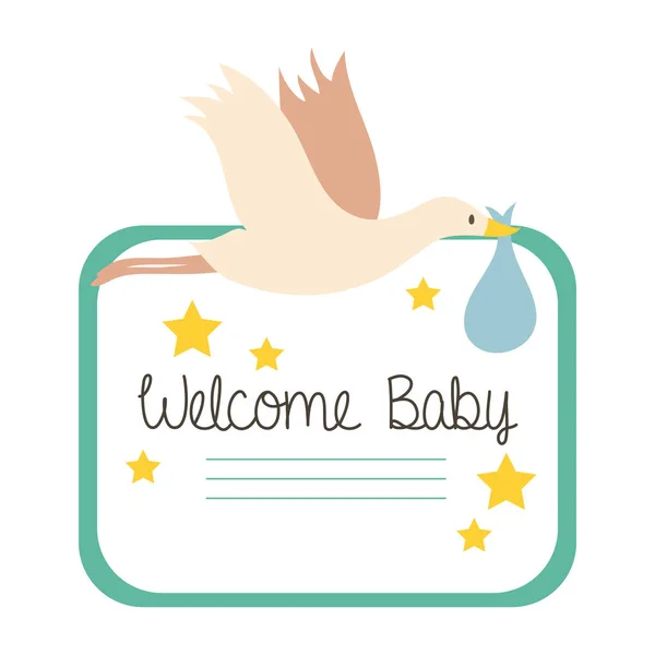 Baby shower frame card with stork and welcome baby lettering hand draw style — Stock Vector