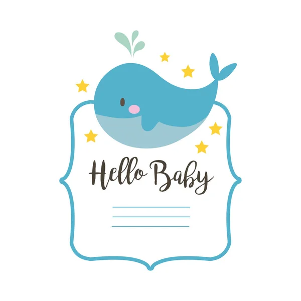 Baby douche frame kaart met walvis en hallo baby belettering hand draw stijl — Stockvector