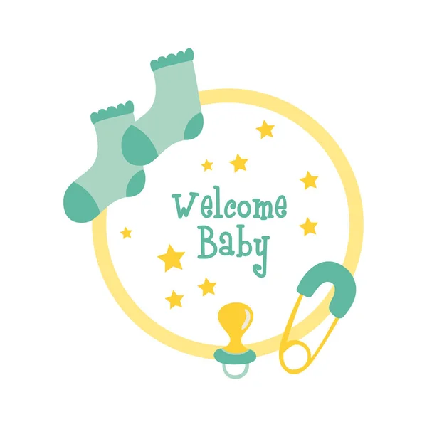 Tarjeta del marco de la ducha del bebé con y calcetines bienvenida bebé letras mano dibujar estilo — Vector de stock
