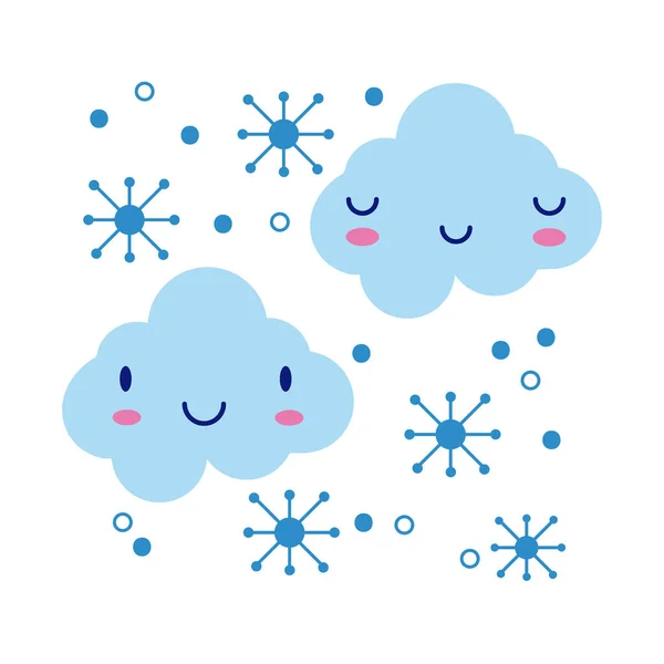 Nubes cielo con copos de nieve kawaii carácter cómico estilo plano — Archivo Imágenes Vectoriales