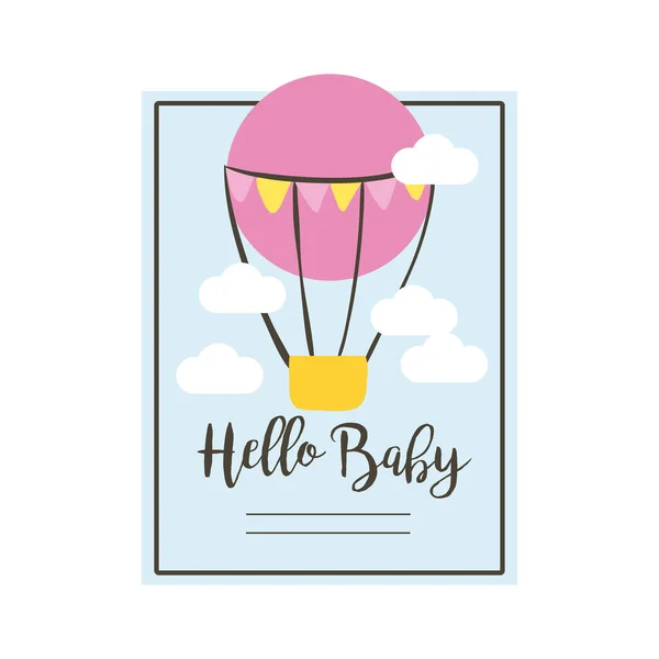 Tarjeta del marco de la ducha del bebé con el aire caliente del globo y hola estilo del sorteo de la mano del bebé — Vector de stock