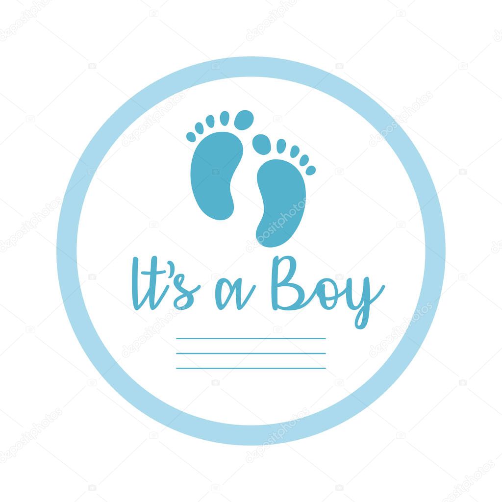 baby shower frame card with foot print and lettering its a boy hand draw style