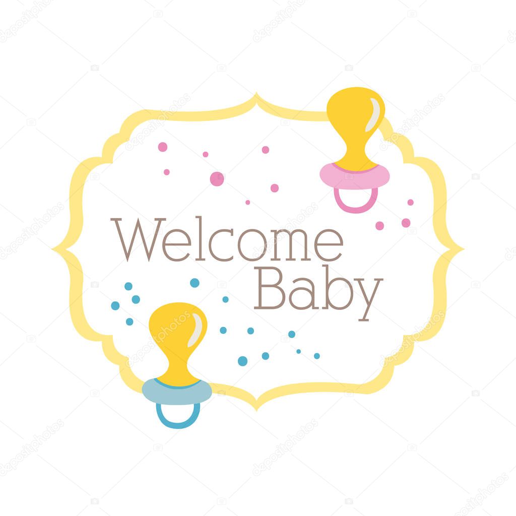 baby shower frame card with pacifiers and welcome baby lettering hand draw style