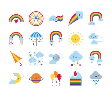 20 gökkuşağı ve kawaii karakterinden oluşan deste