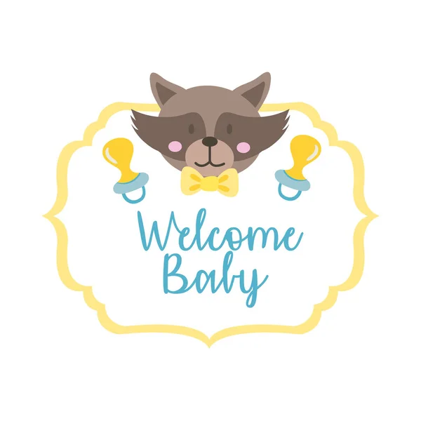 Baby shower frame card with raccoon and welcome baby lettering hand draw style — Stock Vector