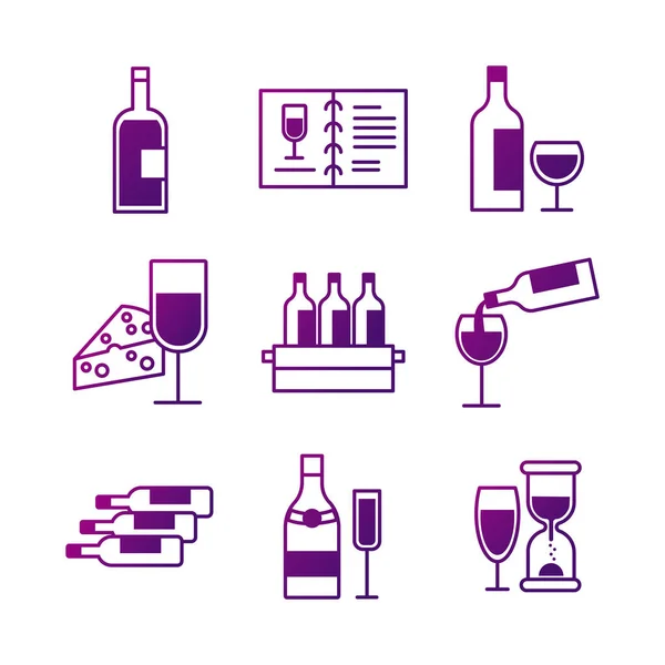 Paquete de nueve iconos de vino conjunto — Vector de stock