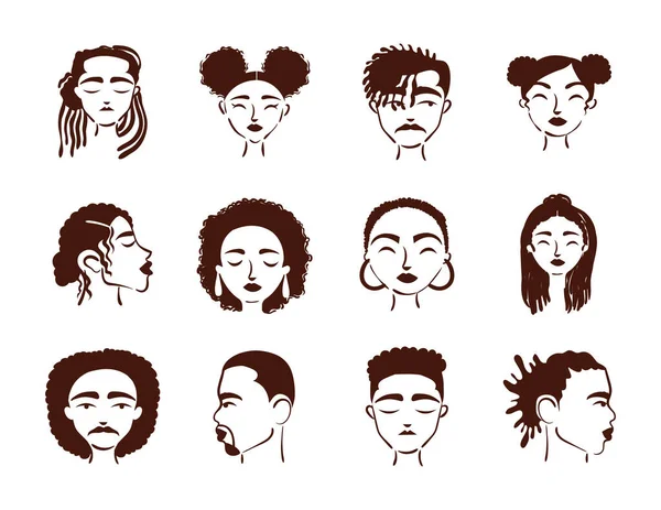 Csoport tizenkét afro etnikai emberek avatars karakterek — Stock Vector