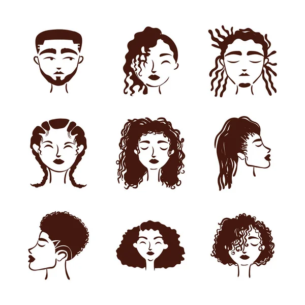 Csoport kilenc afro etnikai emberek avatars karakterek — Stock Vector