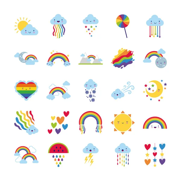 Bundle di venticinque icone di personaggi arcobaleni e kawaii — Vettoriale Stock