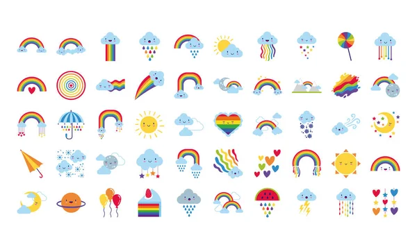 Pacote de cinquenta arco-íris e kawaii personagens ícones — Vetor de Stock