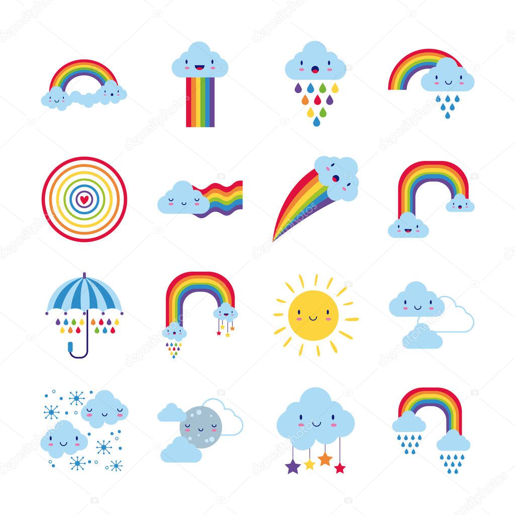 bundle of sixteen rainbows and kawaii characters icons