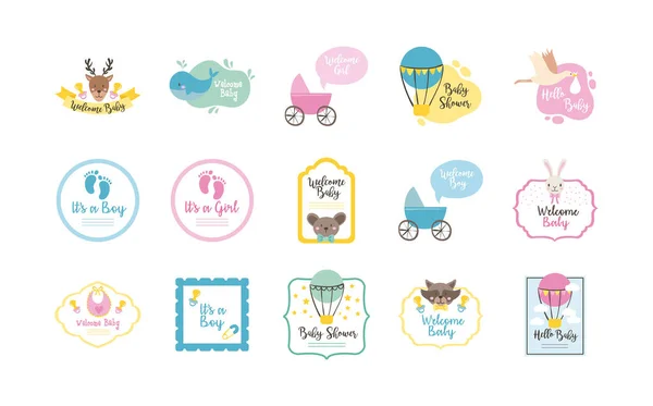 Pacote de quinze ícones de conjunto de chuveiro do bebê —  Vetores de Stock