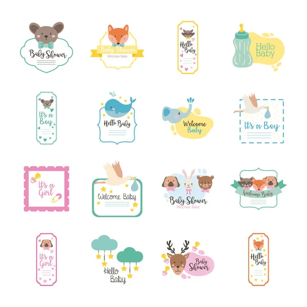 Paquet de seize icônes ensemble de douche de bébé — Image vectorielle