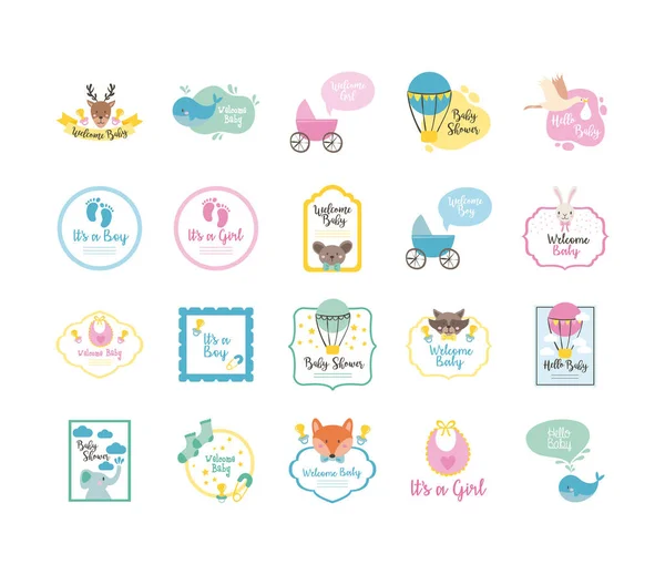 Bundle of twenty baby shower set icons — Stock Vector