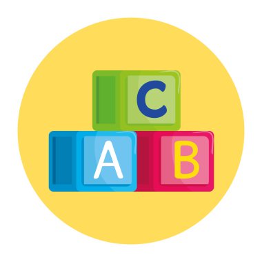 Yuvarlak çerçeveli a, b, c harfli alfabe küpleri