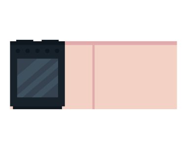 Mutfak sobası ve çekmeceler, beyaz arka planda.