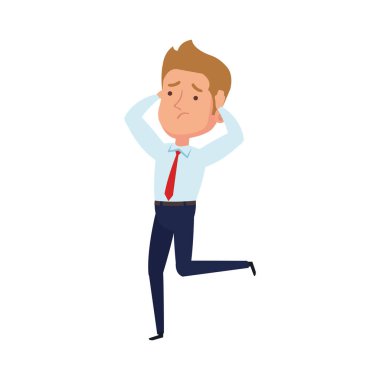 Beyaz arka planda yürüyen işadamı endişeli.