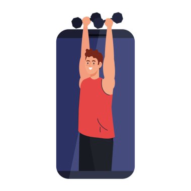 Fitness, antrenman ve egzersiz uygulaması, akıllı telefonlu dambılı olan adam, online spor