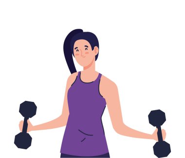 Dambıllarla egzersiz yapan genç bir kadın, spor egzersizi.