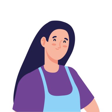 Beyaz arka planda önlük kullanan bir kadın yemek pişiriyor.