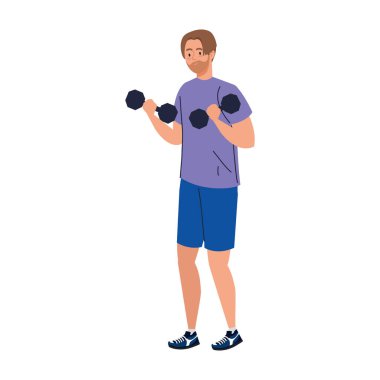 Adam dambıllarla egzersiz yapıyor, spor egzersizleri yapıyor.