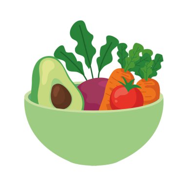 Avokado ve sebzeler kasede, beyaz arka planda.