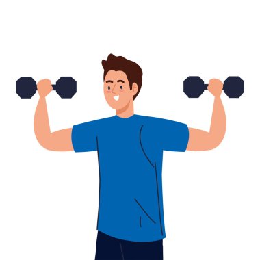 Dambıllarla egzersiz yapan adam spor eğlencesi yapıyor.