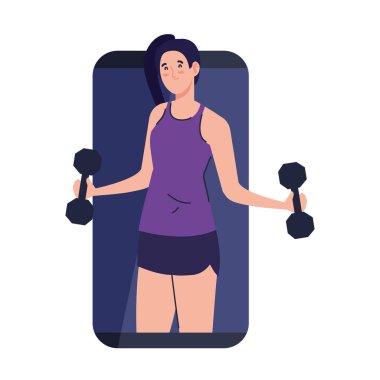 Fitness, antrenman ve egzersiz uygulaması, akıllı telefondan dambılları olan kadın, online spor