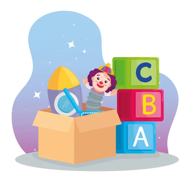 Jouets pour enfants, alphabet de cubes et jouets sur la boîte carton — Image vectorielle