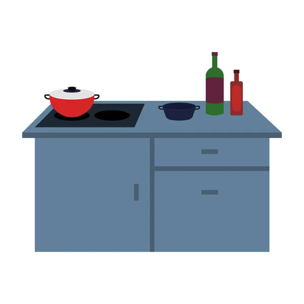 厨房炉灶,装有抽屉,壶和瓶子,白色底座 — 图库矢量图片
