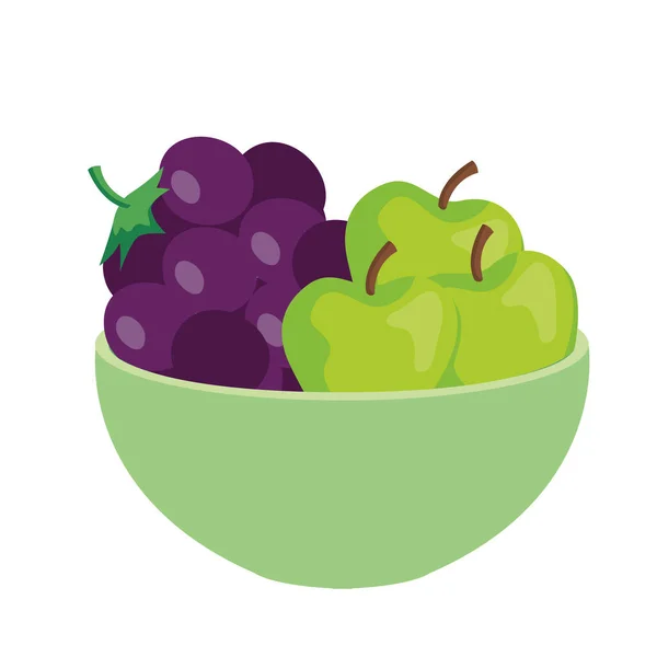 Frische Trauben und Äpfel auf Schüssel, auf weißem Hintergrund — Stockvektor
