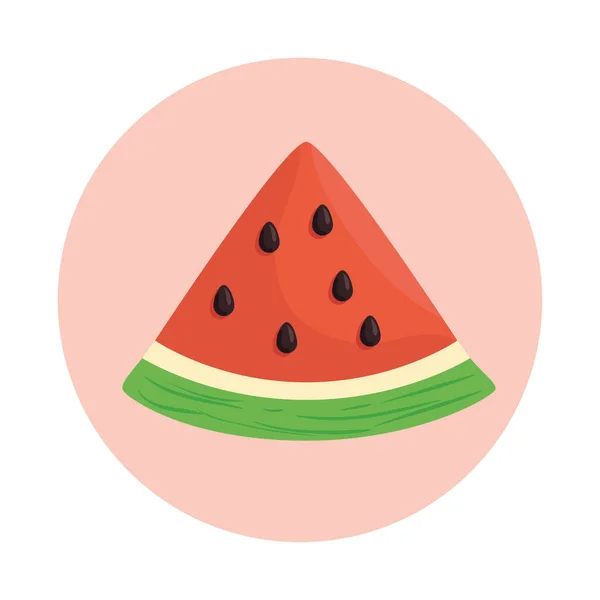 Frische und gesunde Scheibe Wassermelone auf rundem Rahmen, weißer Hintergrund — Stockvektor