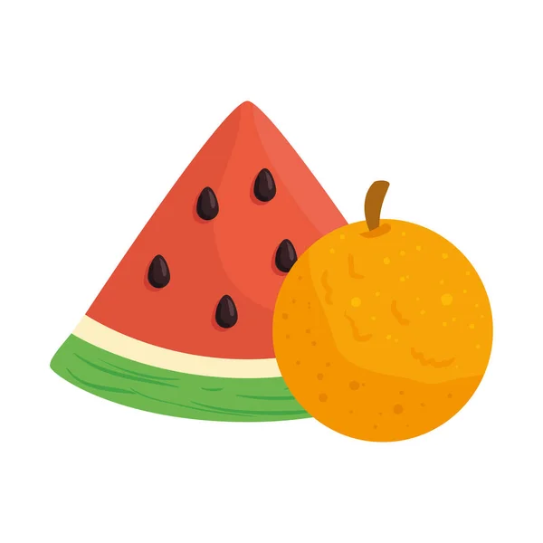 Frutas frescas, fatia de melancia com laranja — Vetor de Stock
