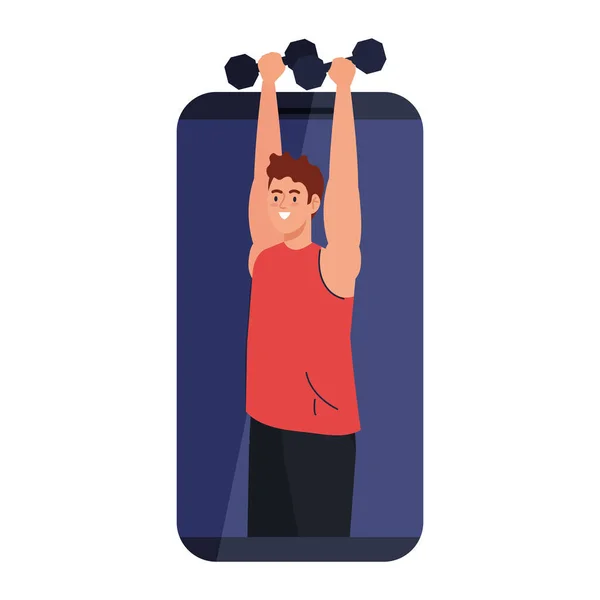 Fitness, aplicativo de treinamento e treino, homem com halteres no smartphone, esporte online —  Vetores de Stock