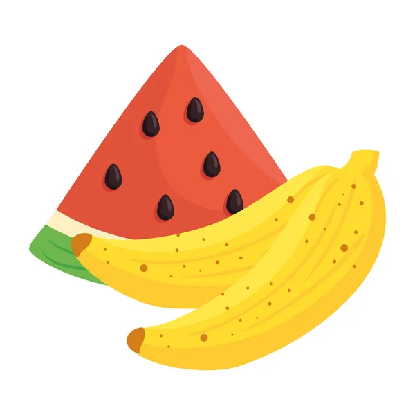 Frische Früchte, Banane mit Wassermelone, weißer Hintergrund — Stockvektor