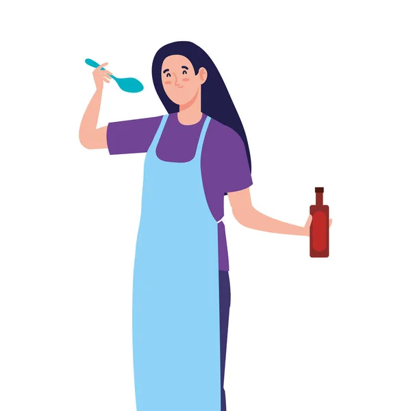Mujer cocinando usando delantal con cuchara y vino de botella, sobre fondo blanco — Vector de stock