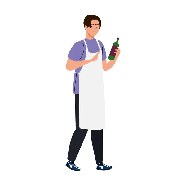 Muž vaření pomocí zástěry s lahví vína, v bílém pozadí — Stockový vektor