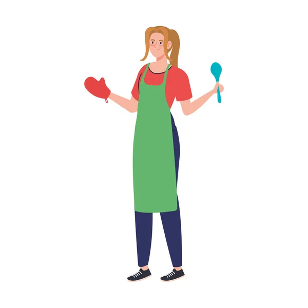 Kobieta gotowanie za pomocą fartuch z łyżką, w białym tle — Wektor stockowy