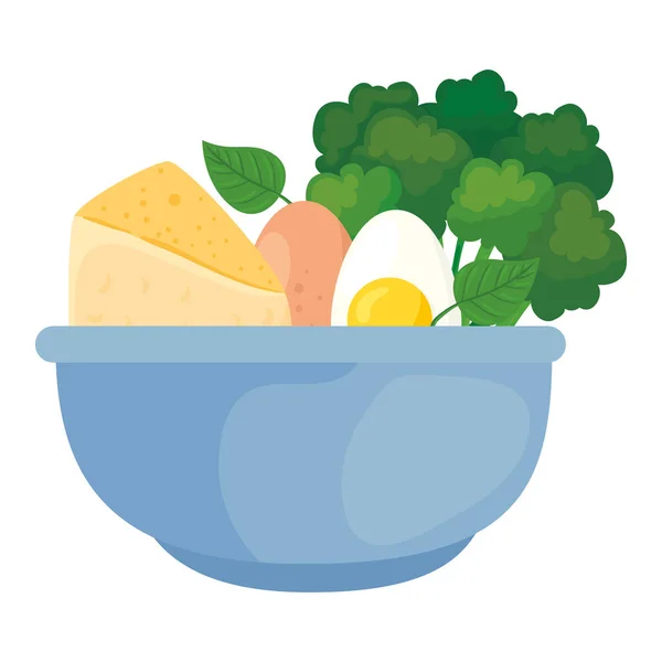 Verduras frescas y alimentos saludables en un tazón, en fondo blanco — Vector de stock