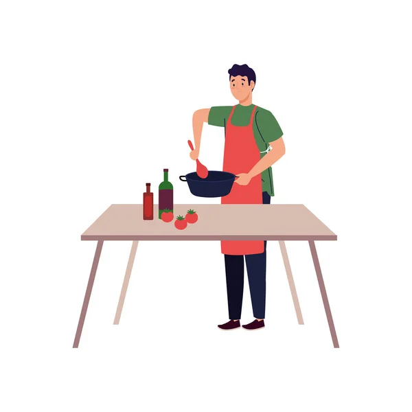 Человек приготовления пищи с помощью фартука с деревянным столом, в белом фоне — стоковый вектор